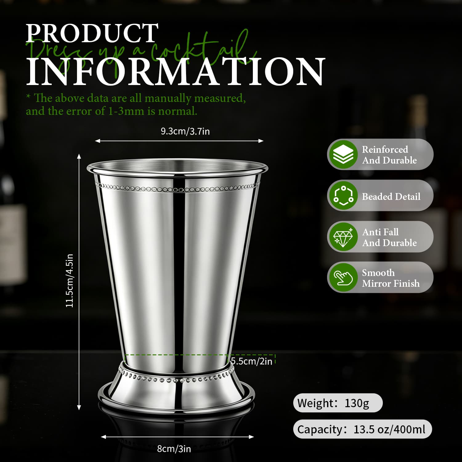 Professional 400ml Mint Julep Cup Mirror Finish Stainless Steel Cocktail Cup view 2