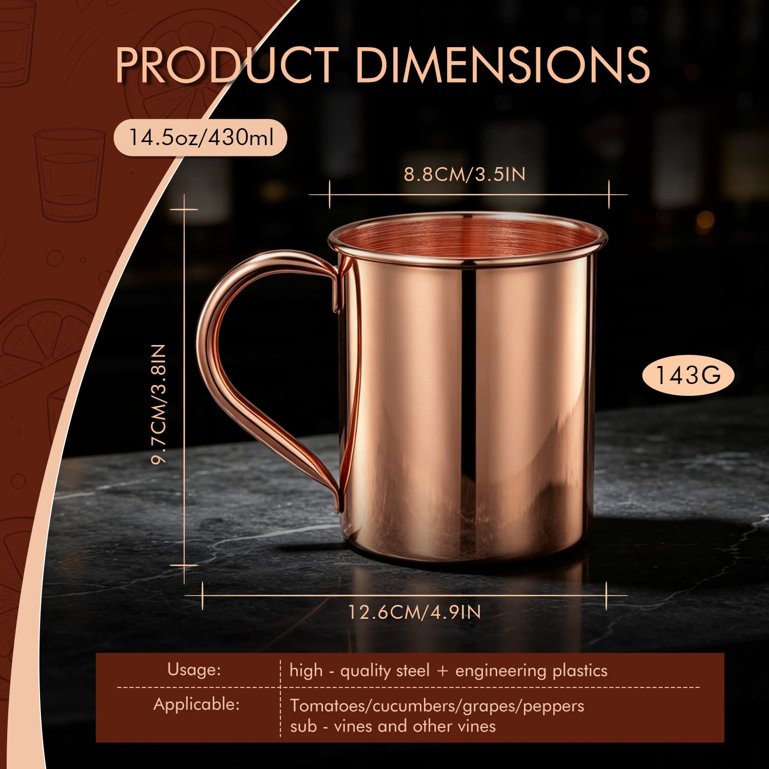 Premium 304 Stainless Steel Moscow Mule Mug - 430ml Rose Gold Copper Plated Cocktail Cup view 2