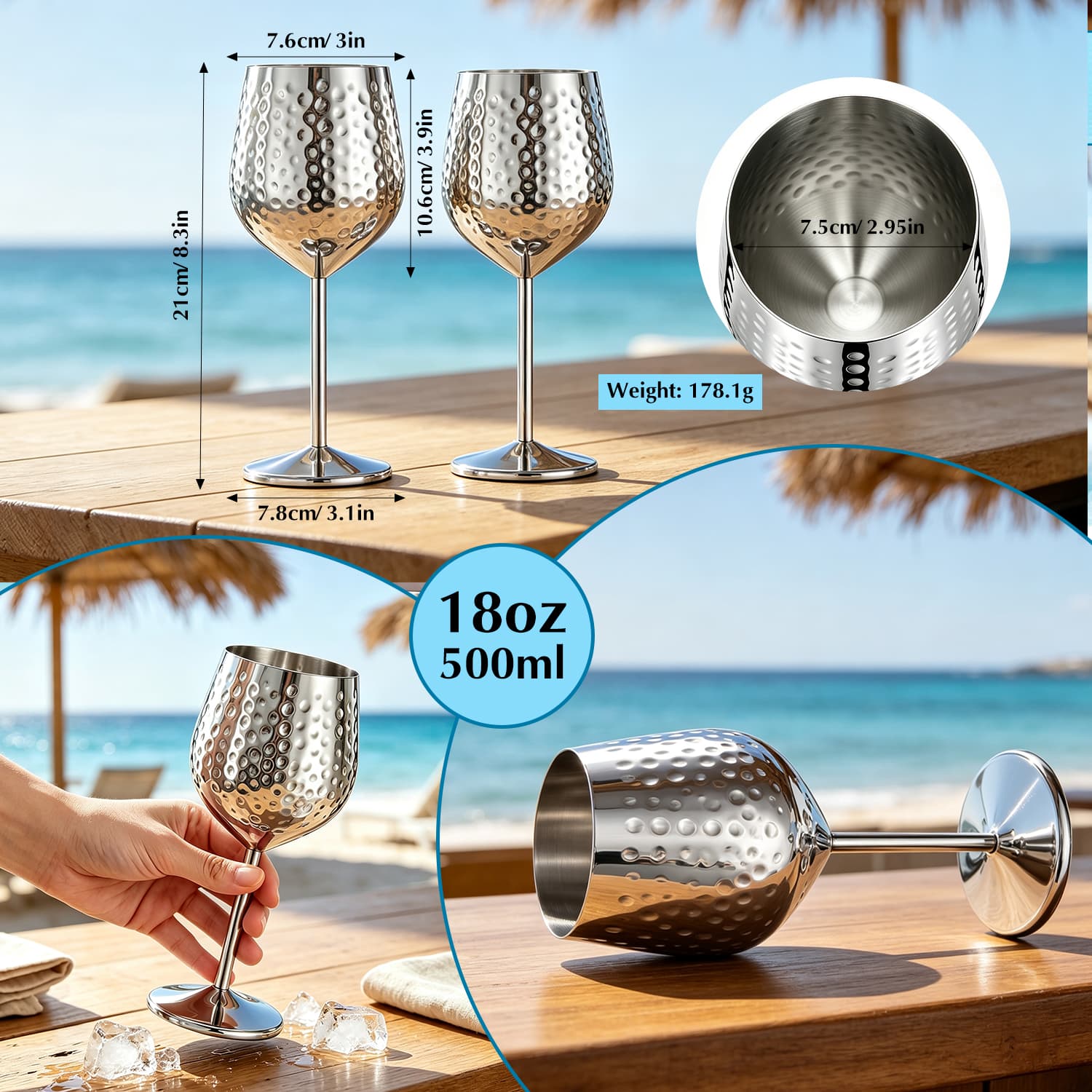 304 Stainless Steel Wine Glass 18oz Hammered Metal Wine Goblet view 2