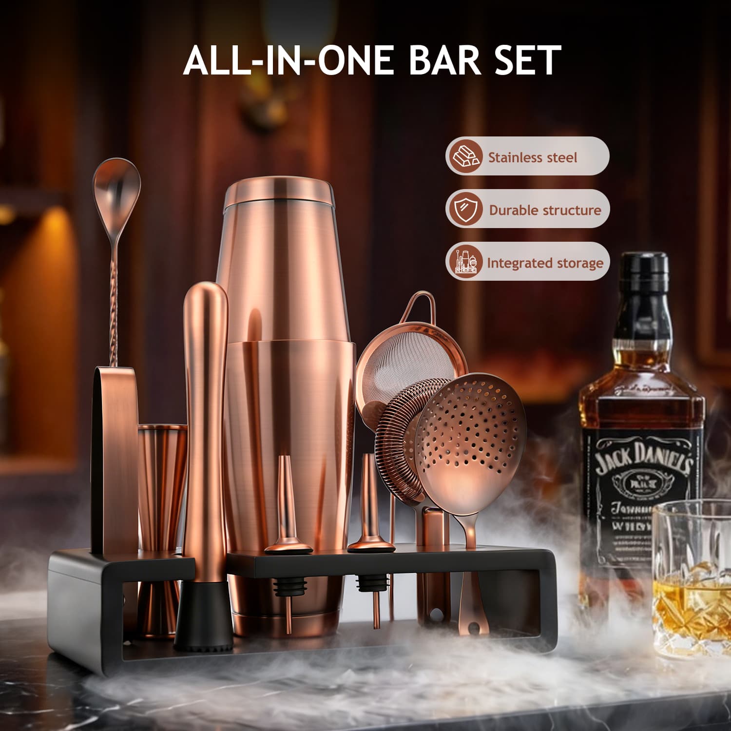 Copper Cocktail Bar Set Stainless Steel Bartender Kit with Stand view 5