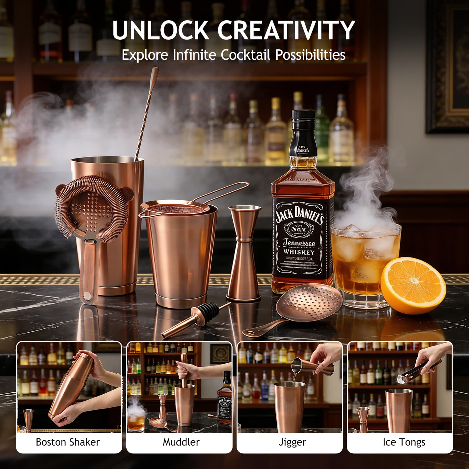 Copper Cocktail Bar Set Stainless Steel Bartender Kit with Stand view 4