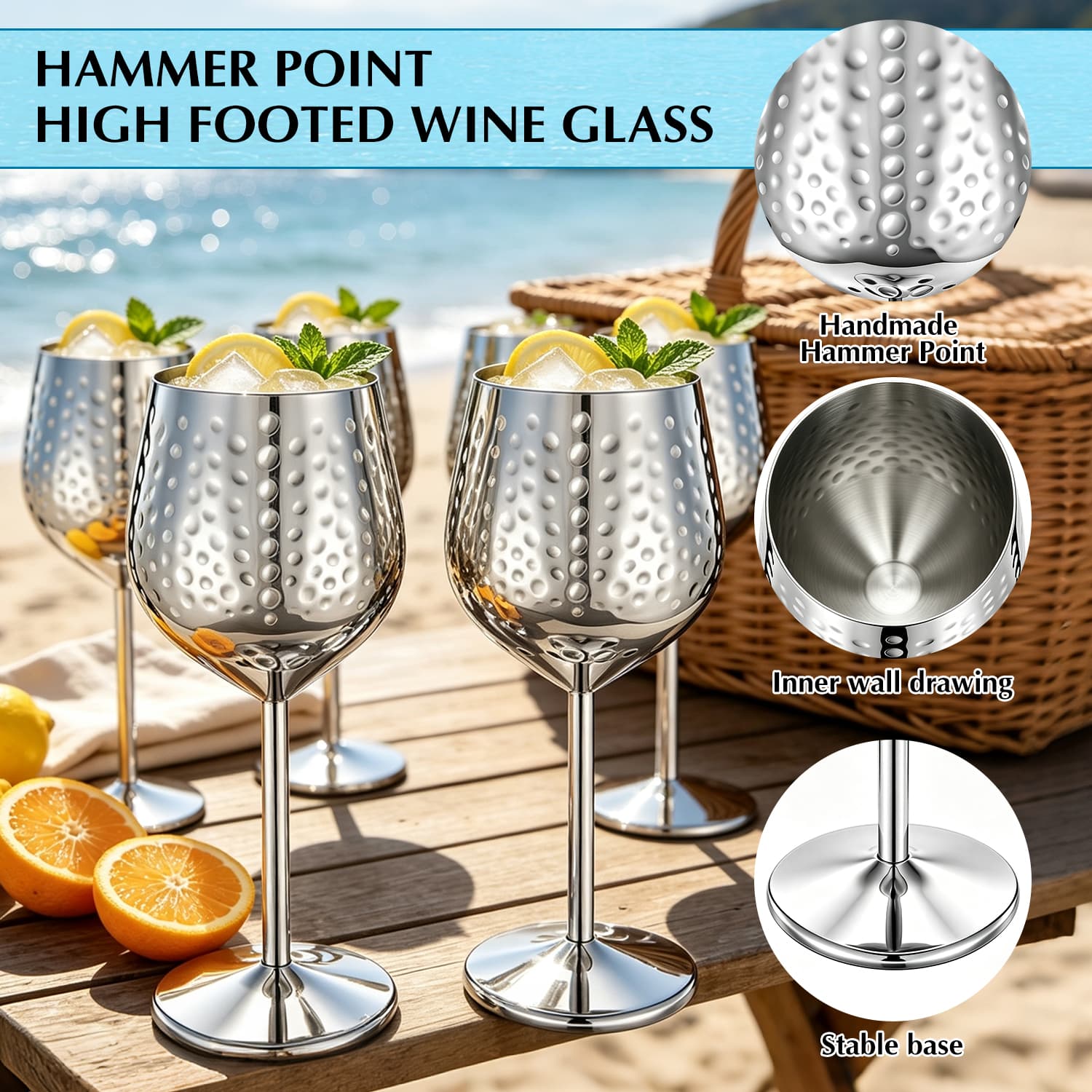 304 Stainless Steel Wine Glass 18oz Hammered Metal Wine Goblet view 5