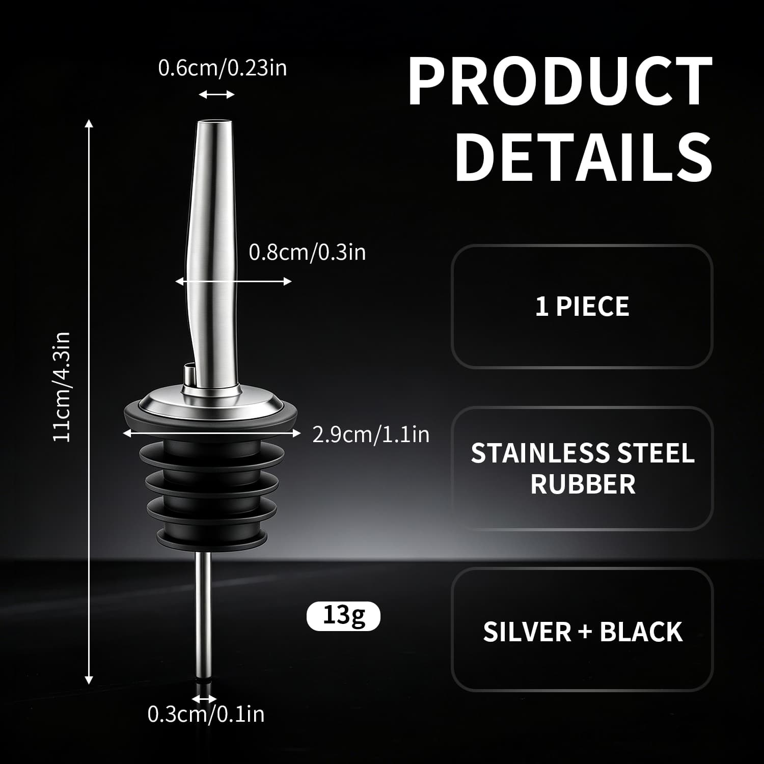 Stainless Steel Liquor Pourer with Tapered Spout and Multi-Rib Rubber Stopper view 2