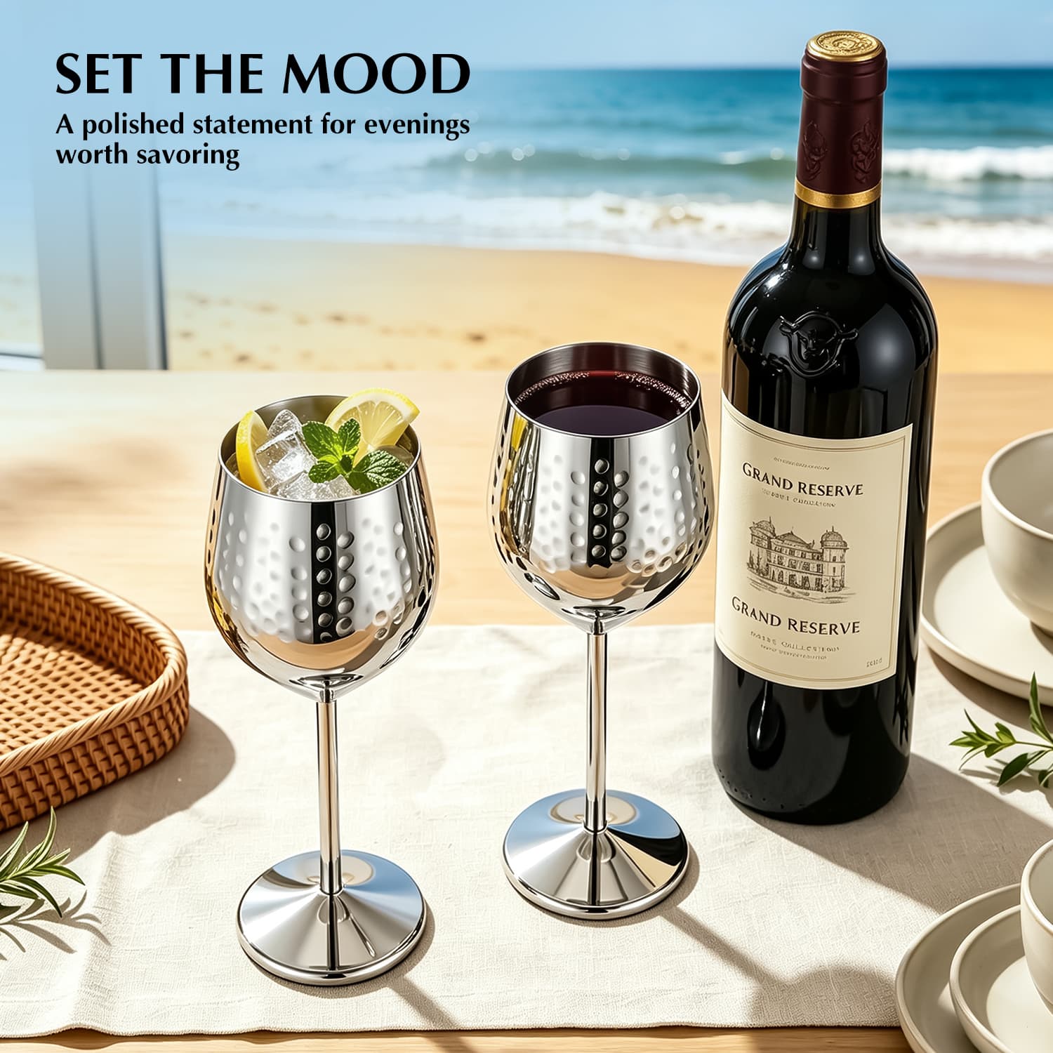 304 Stainless Steel Wine Glass 18oz Hammered Metal Wine Goblet view 6