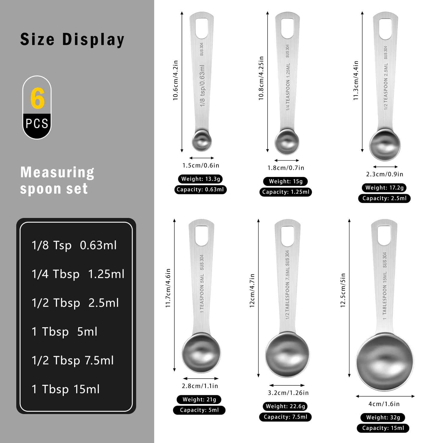 Stainless Steel Measuring Spoons Set of 6 Engraved SUS304 Teaspoon Tablespoon 0.63-15 ml view 2