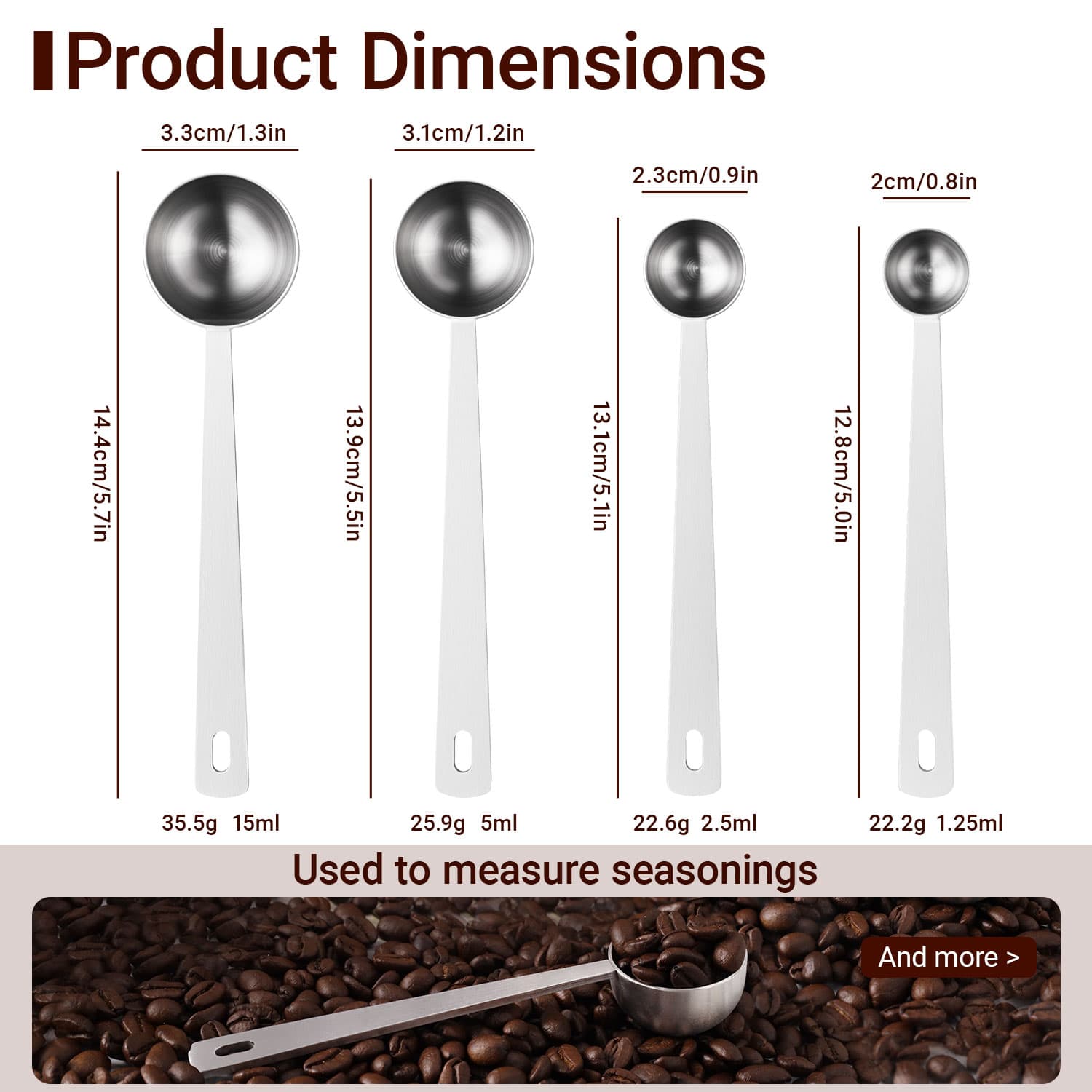 Stainless Steel Measuring Spoons Set of 4 Long Handle Coffee Scoops 1.25 ml to 15 ml view 2