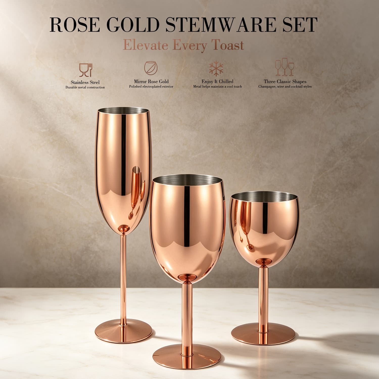304 Stainless Steel Rose Gold Champagne Flutes & Goblets view 3