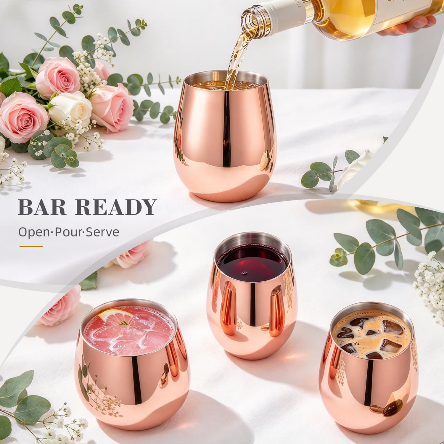Rose Gold Stemless Wine Cups Stainless Steel Tumblers 580ml to 750ml Brushed Interior view 6