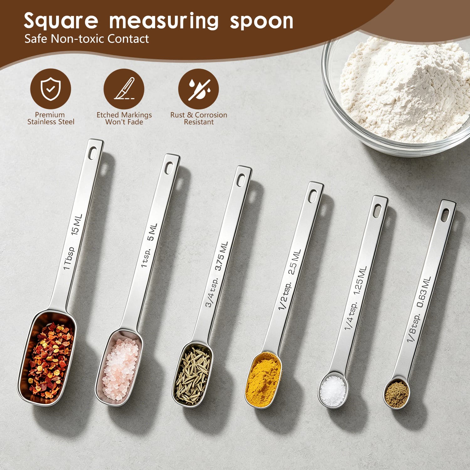 Square Stainless Steel Measuring Spoons Set of 6 Engraved 0.63ml to 15ml with 3/4Tsp view 3