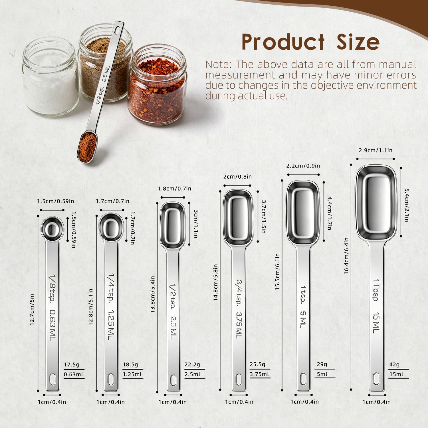 Square Stainless Steel Measuring Spoons Set of 6 Engraved 0.63ml to 15ml with 3/4Tsp view 2