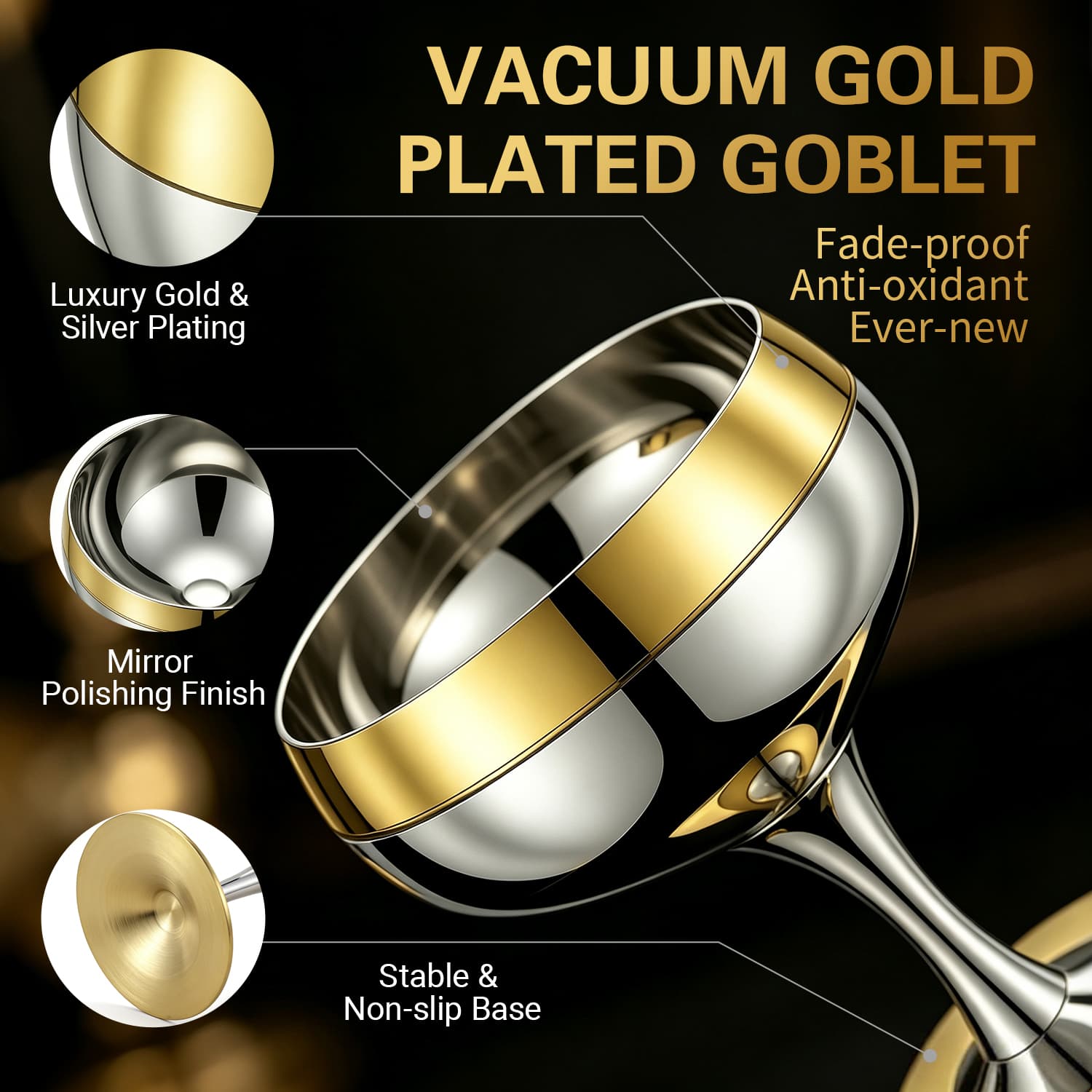 Gold-Plated Stainless Steel Goblet Series Red Wine, Cocktail Coupe & Liqueur Chalice view 3