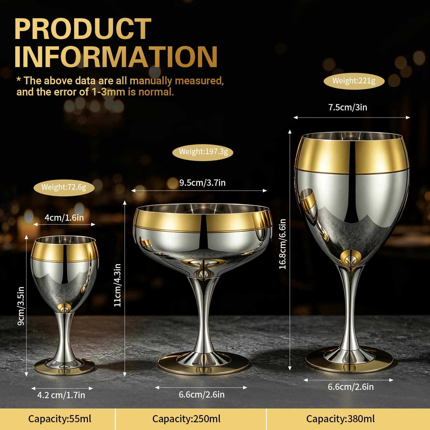 Gold-Plated Stainless Steel Goblet Series Red Wine, Cocktail Coupe & Liqueur Chalice view 2