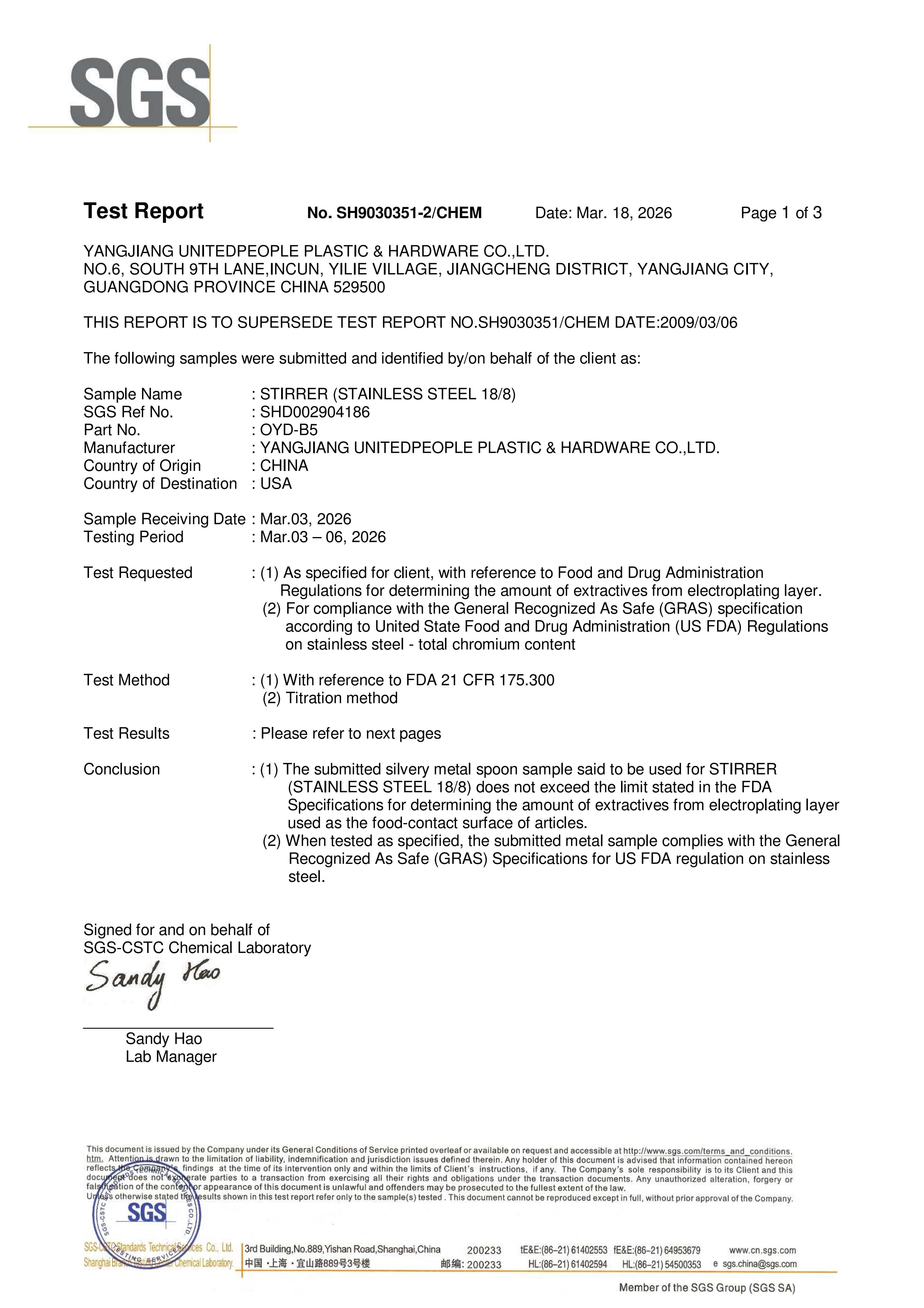 FDA certificate