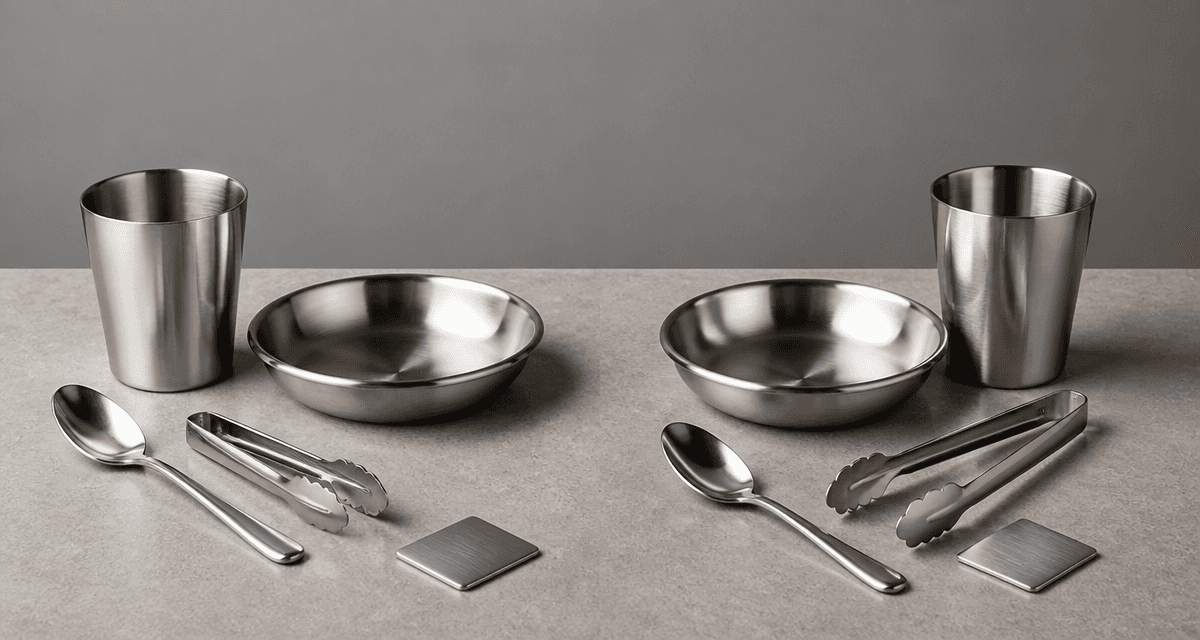 304 vs. 201 stainless steel kitchenware arranged for a B2B material comparison.