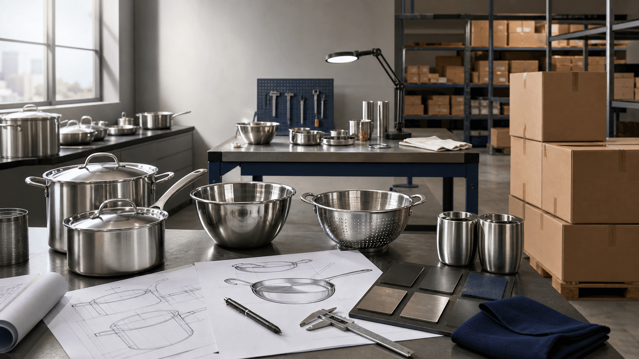 Integrated OEM kitchenware manufacturing workspace with product samples, technical drawings, quality inspection tools, and export packaging.