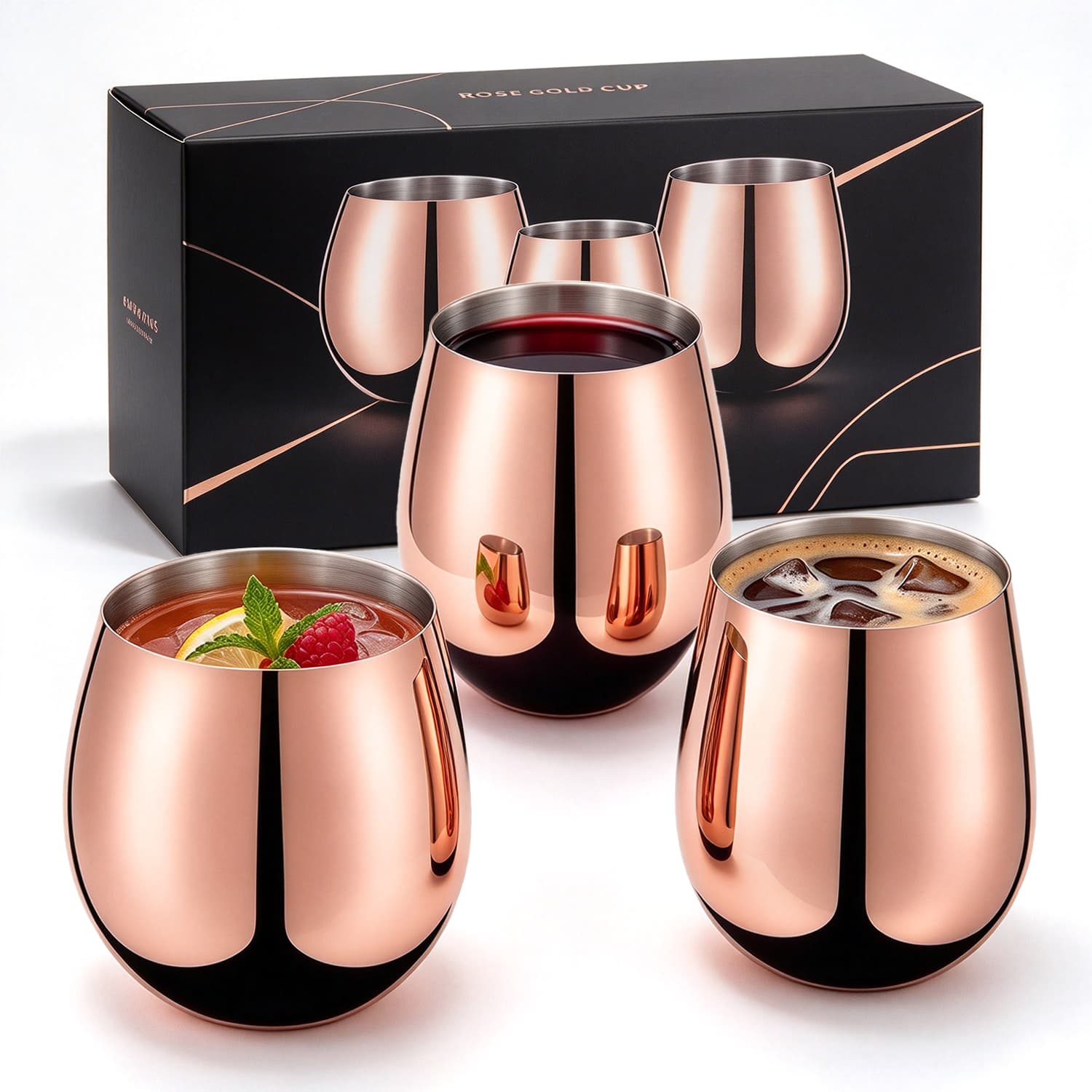 Rose Gold Stemless Wine Cups Stainless Steel Tumblers 580ml to 750ml Brushed Interior