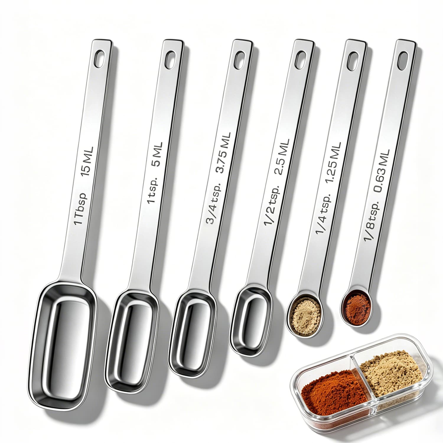 Square Stainless Steel Measuring Spoons Set of 6 Engraved 0.63ml to 15ml with 3/4Tsp