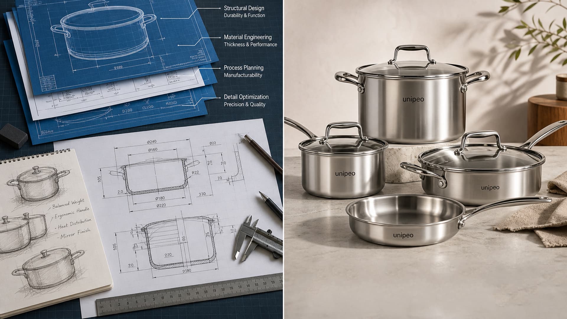 Professional design blueprints and finished stainless steel cookware set by unitedpeople, showcasing R&D capabilities in material engineering and structural design for B2B wholesale.