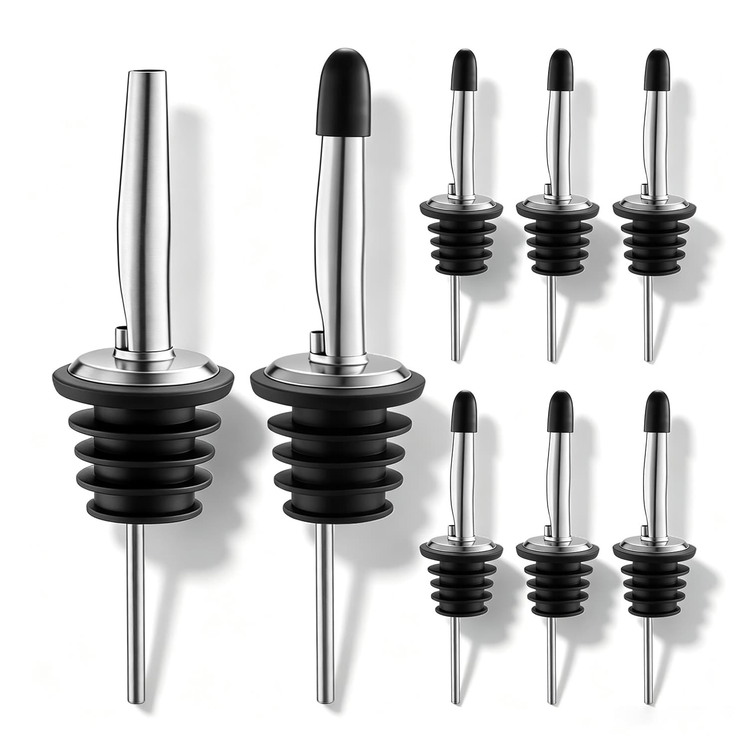 Stainless Steel Liquor Pourer with Tapered Spout and Multi-Rib Rubber Stopper