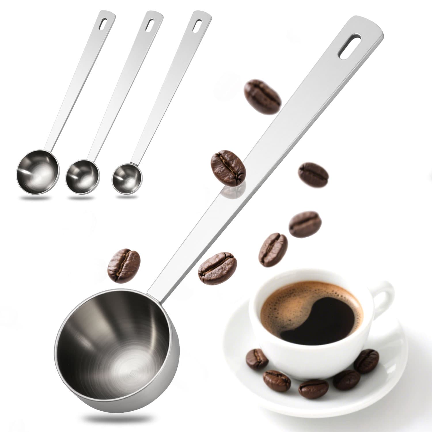 Stainless Steel Measuring Spoons Set of 4 Long Handle Coffee Scoops 1.25 ml to 15 ml