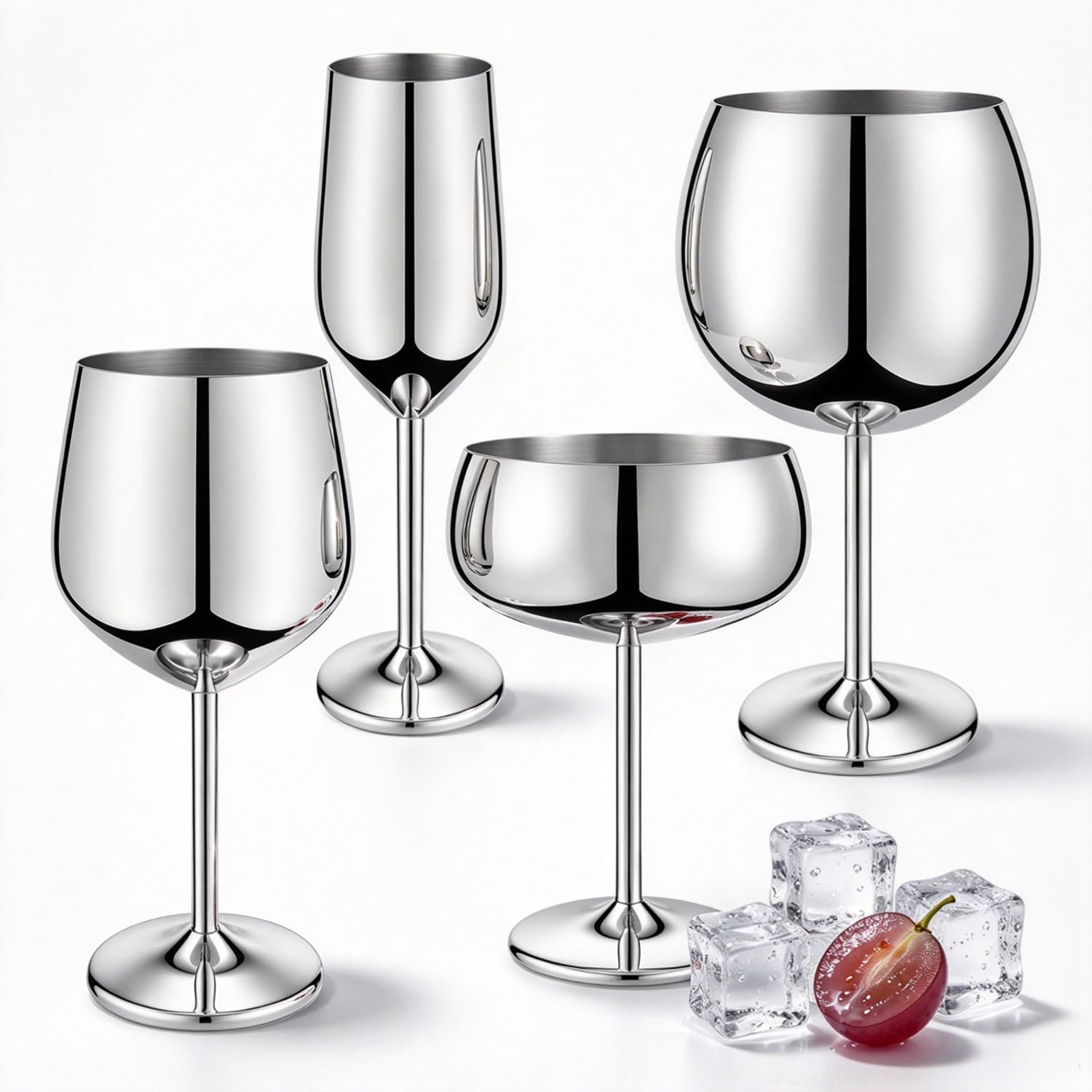 Stainless Steel Stemware Set of 4 Unbreakable Wine Champagne Cocktail Glasses Mirror Finish