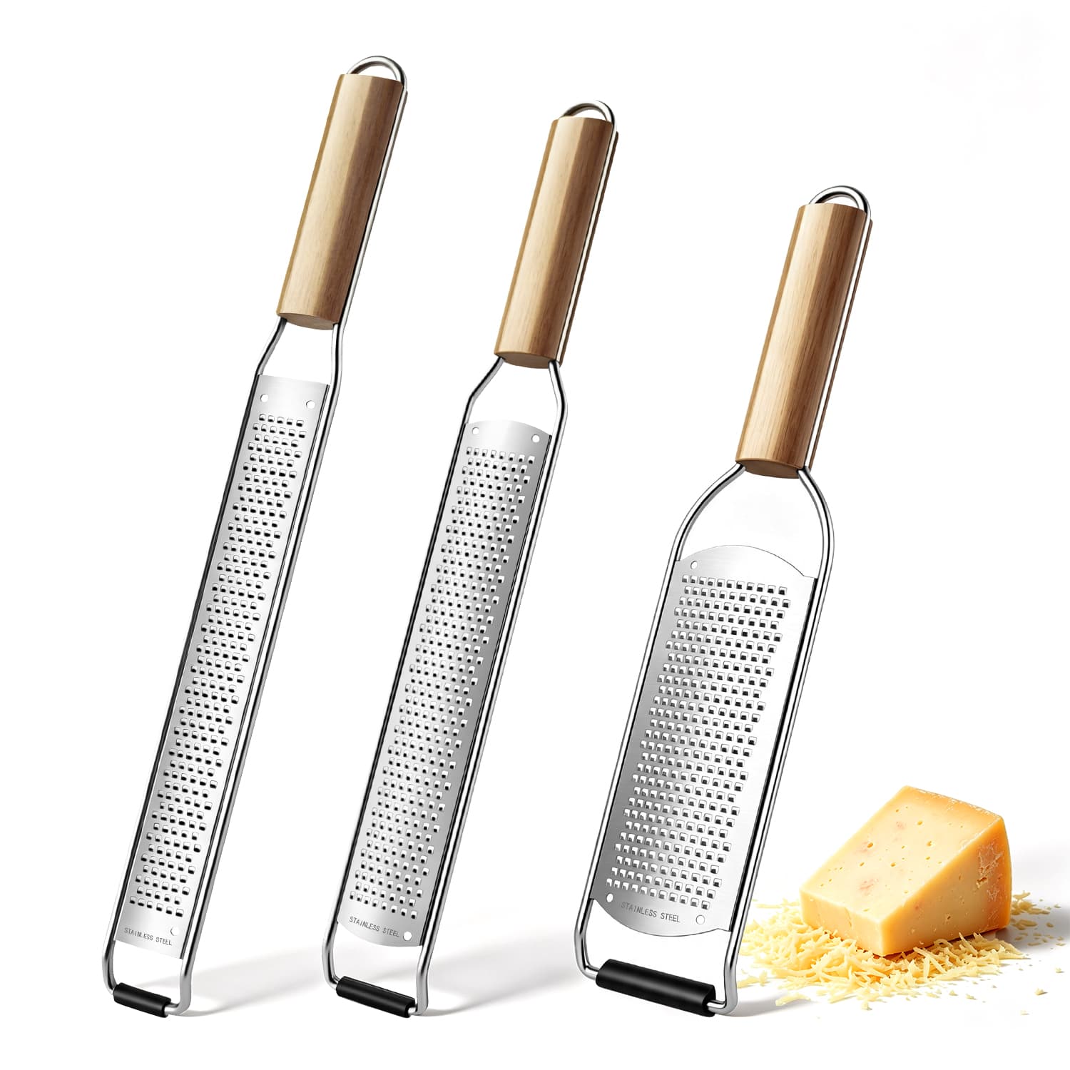 Stainless Steel Handheld Cheese Grater Set with Wood Handle for Kitchen Food Prep