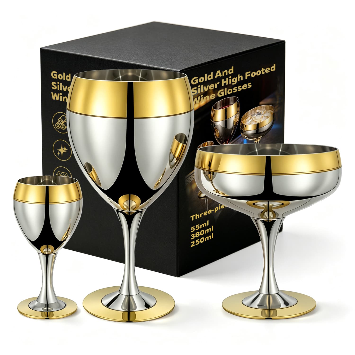 Gold-Plated Stainless Steel Goblet Series Red Wine, Cocktail Coupe & Liqueur Chalice